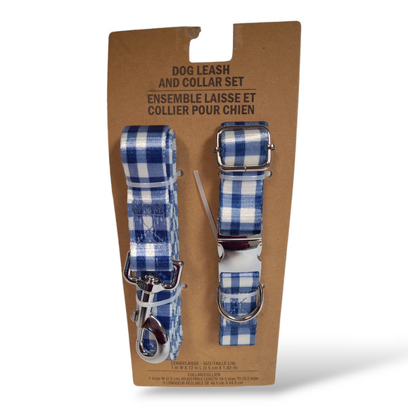 Design Group Dog Leash & Collar Set Blue Gingham Print NEW Up to 100 lbs. - Picture 1 of 5